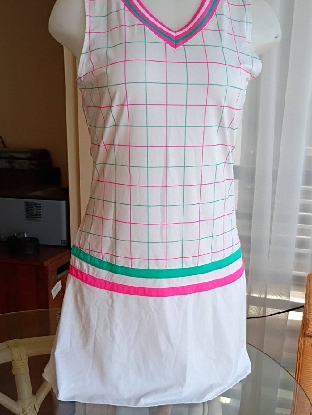 Fila White Tennis Dress with Pink Trim and Subtle Green Lines